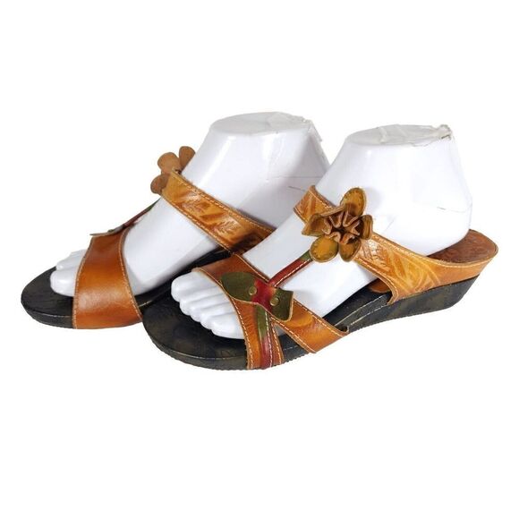 Spring Step Women's Tropic 40 US9-9,5 Leather Orange Floral strappy Wedge sandal - Picture 1 of 14